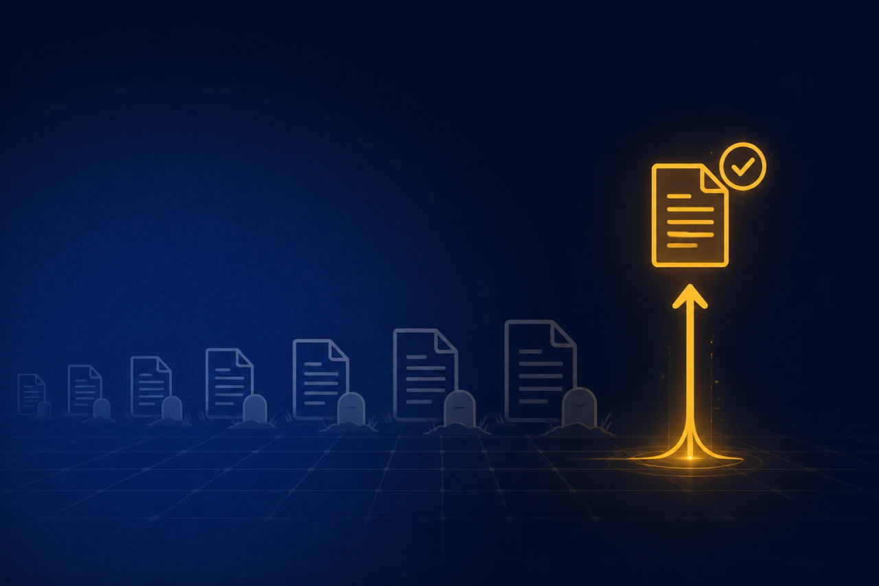 A row of dim grey document icons fading into the background like tombstones, with one bright gold document rising on an upward arrow and marked with a checkmark, symbolizing one citable post outperforming a graveyard of forgotten blog posts.