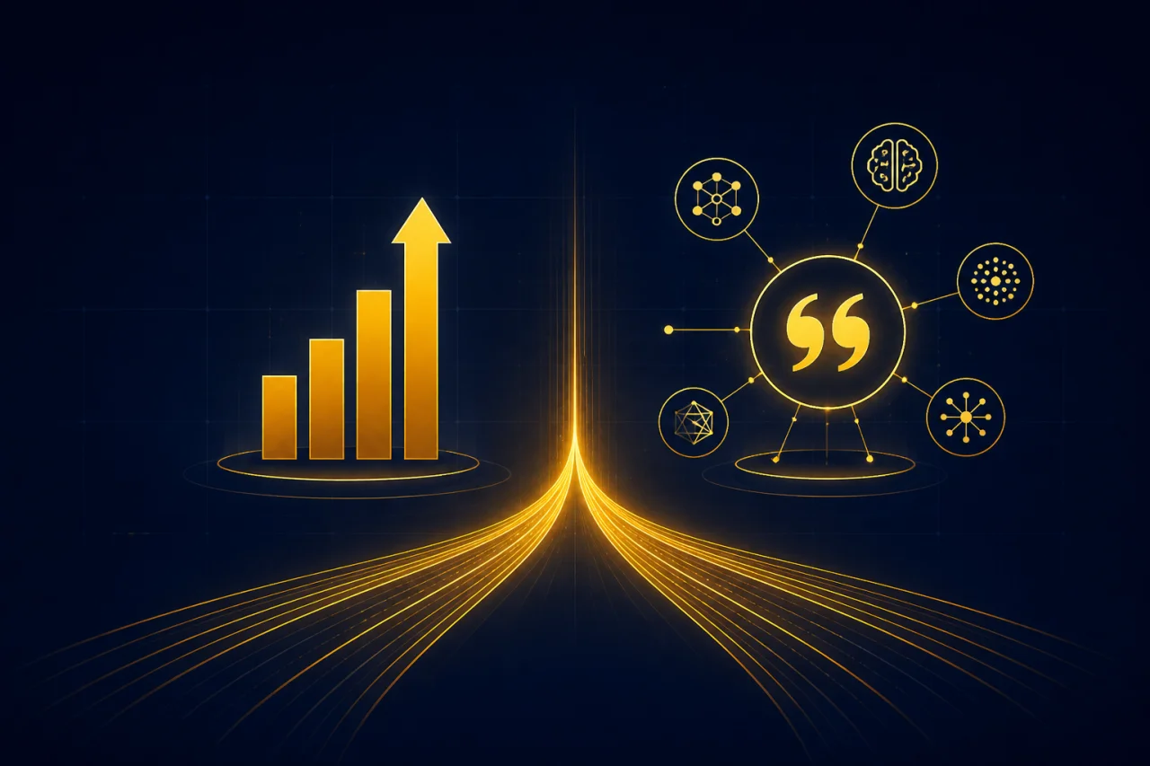 Two glowing gold paths converging on a navy background: a rising search-ranking bar chart on the left and an AI citation network around a quotation mark on the right, representing content that is both rankable and citable.