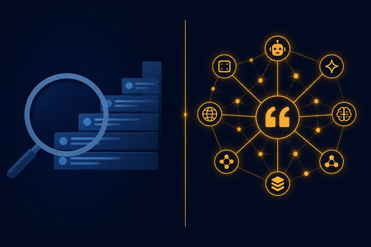 A split navy graphic: on the left a magnifying glass over ascending search-result bars representing rankable content, on the right a glowing gold network of connected nodes around a quotation mark representing content citable by AI engines.