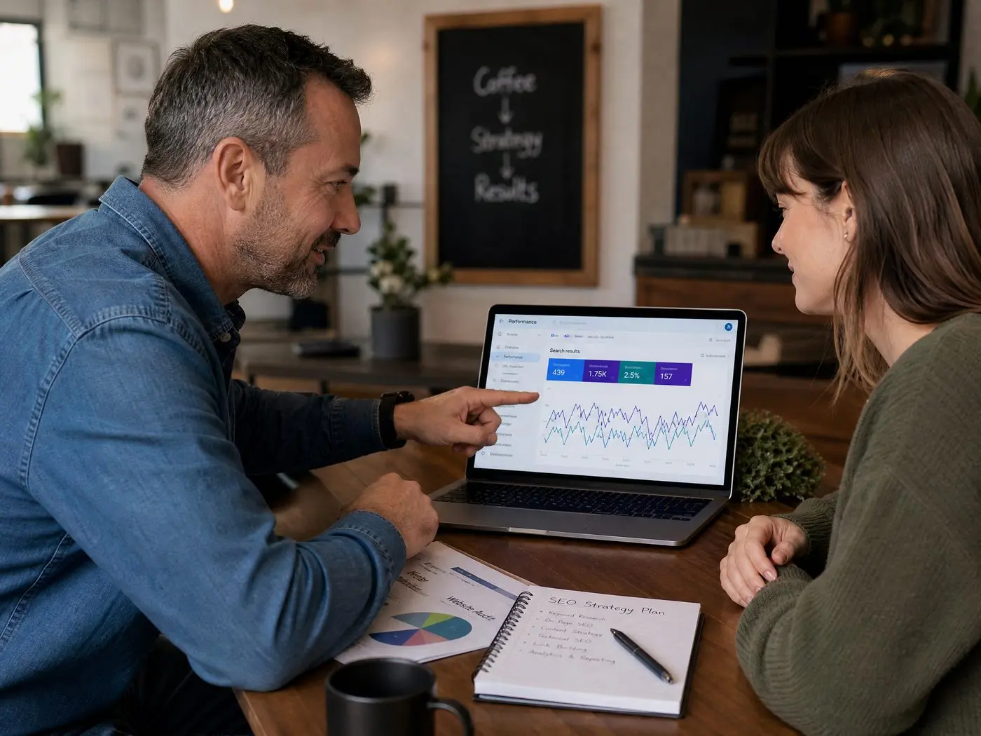 Jeff Winchester reviewing an SEO strategy plan and search performance dashboard with a small business owner