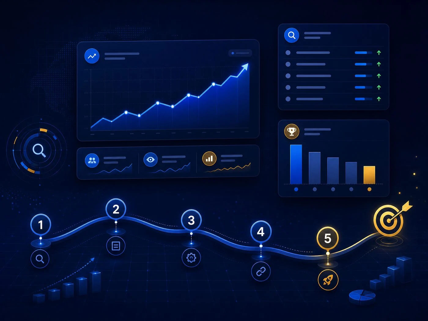 SEO strategy roadmap and analytics dashboard showing keyword rankings, organic traffic growth, and a prioritized milestone path