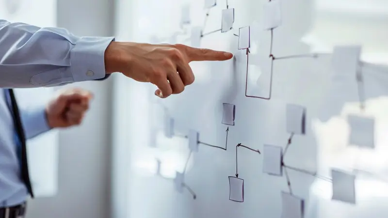 A business consultant pointing at a flowchart made with sticky notes containing corporate solutions.