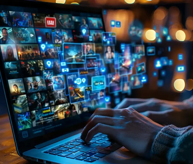 A person browses through a vast array of multimedia content streaming from their laptop screen.