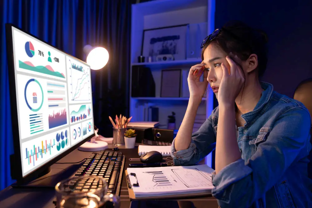 A stressed out woman trying to find the best SEO software.