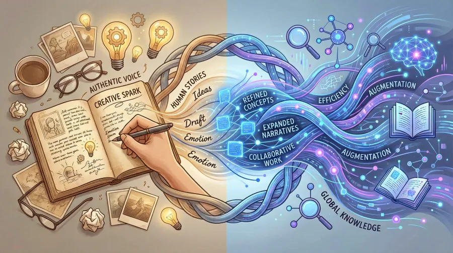 A hand writes in a notebook surrounded by sketches, books, and lightbulbs on the left, while digital streams, icons, and open books represent technology and knowledge on the right, blending creativity with innovation.