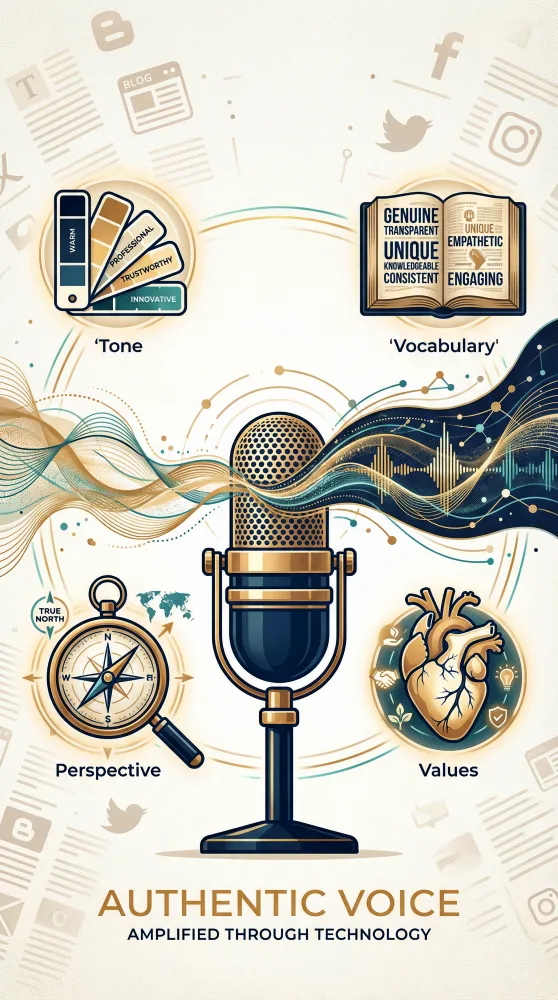 Illustration featuring a microphone surrounded by icons for tone (color swatches), vocabulary (word boxes), perspective (compass), and values (heart), with waveforms and social media symbols in the background. Text reads: Authentic Voice.