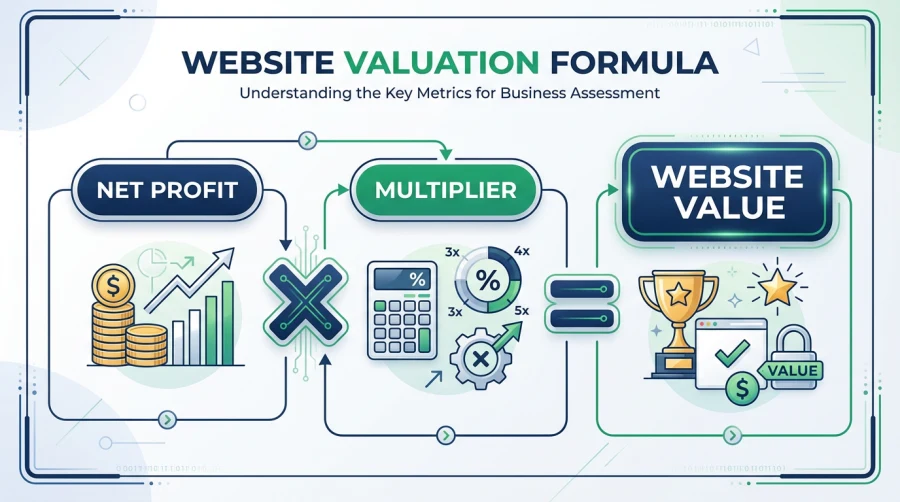 An infographic explains how to calculate my website worth: net profit times a multiplier equals website value. Icons for profit, a calculator, percentage gears, a trophy, and a lock clearly represent each key concept.