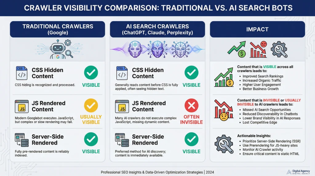 Infographic compares how traditional crawlers and AI search crawlers handle CSS hidden content, JS rendered content, and server-side rendered content, showing their impact on SEO, visibility, and actionable insights for brands.