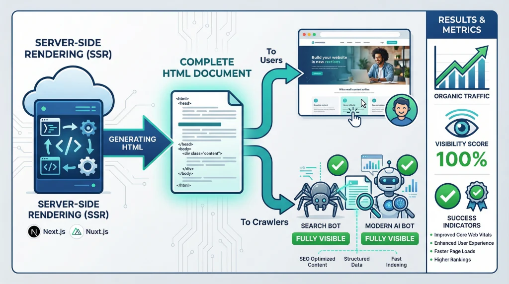 An infographic explains how server-side rendering generates HTML for users and bots, improving SEO, indexability, and visibility, illustrated with icons for servers, HTML, browsers, search bots, and a 100% visibility score.