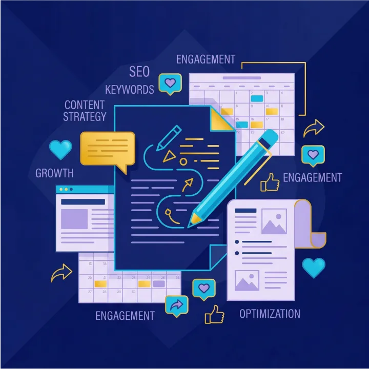 Illustration of digital marketing concepts with icons and documents showing content strategy, SEO keywords, growth, engagement, and optimization on a dark blue background, including charts, calendars, speech bubbles, and hearts.