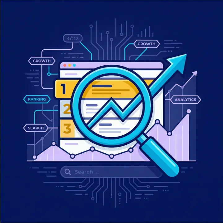 Illustration of a web browser window with a magnifying glass and upward arrow overlaid, symbolizing SEO analytics. Graphs, charts, and keywords like growth, ranking, and search highlight digital marketing and data analysis.