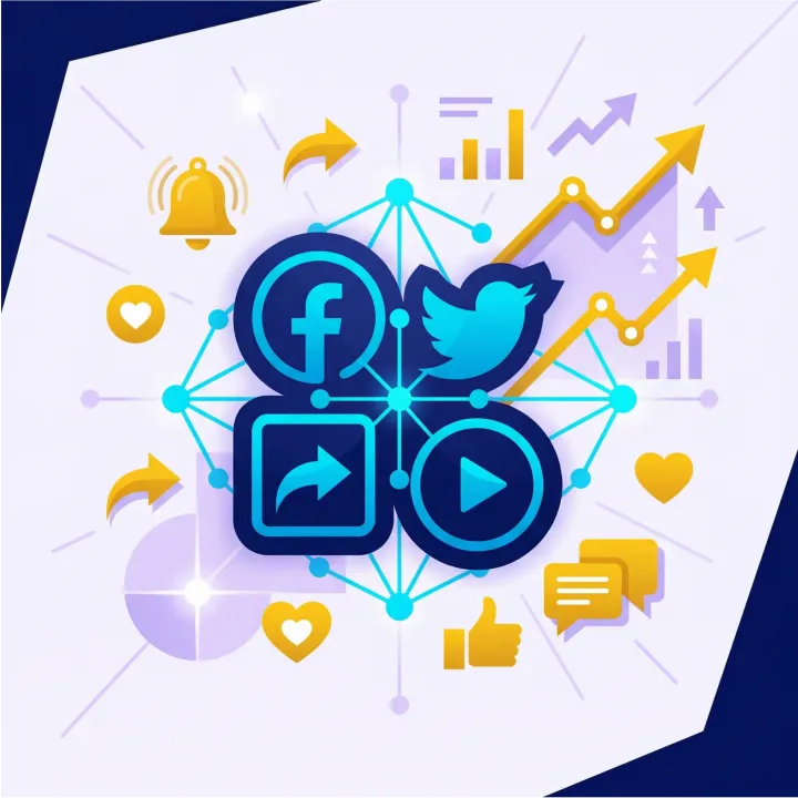 Illustration of social media icons, including Facebook and Twitter, surrounded by symbols like a play button, chat bubbles, thumbs up, and graphs, representing digital communication and online engagement.