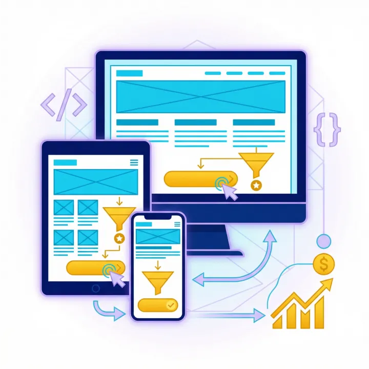 Illustration of a desktop, tablet, and smartphone showing similar web layouts with buttons and funnels, surrounded by icons of code, graphs, a coin, and upward arrows, representing responsive web design and conversion optimization.
