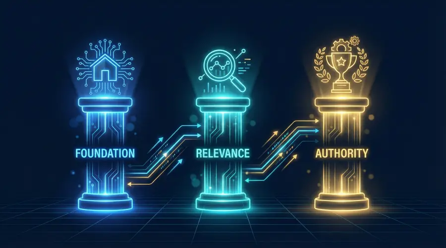 Three glowing pillars labeled Foundation, Relevance, and Authority stand tall, each topped with a digital icon: smart home, magnifying glass with chart, and trophy—arrows show their connection and progression in Startup SEO success.