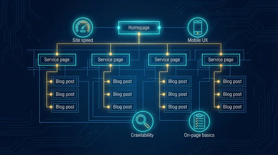 A flowchart shows a website structure for Startup SEO: homepage at the top, branching to service pages, each with multiple blog posts. Key factors highlighted are site speed, mobile UX, crawlability, and on-page basics.