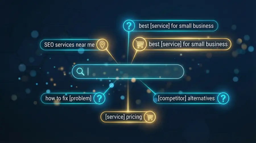 A glowing search bar with search suggestions branching out, including Startup SEO services near me, how to fix [problem], [service] pricing, best [service] for small business, and [competitor] alternatives.