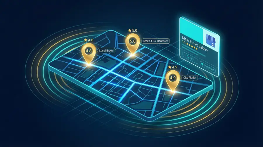 A digital map with location pins for businesses, each showing star ratings: Local Brews (4.8), Smith & Co. Hardware (5.0), and City Florist (4.9). Main Street Bakery’s profile is highlighted with a 5.0 rating—perfect for startup SEO insights.