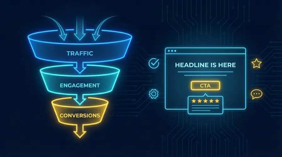 A neon illustration of a marketing funnel labeled Traffic, Engagement, and Conversions sits next to a web page with headlines, call-to-action buttons, rating stars—perfectly capturing digital marketing strategies and Startup SEO essentials.