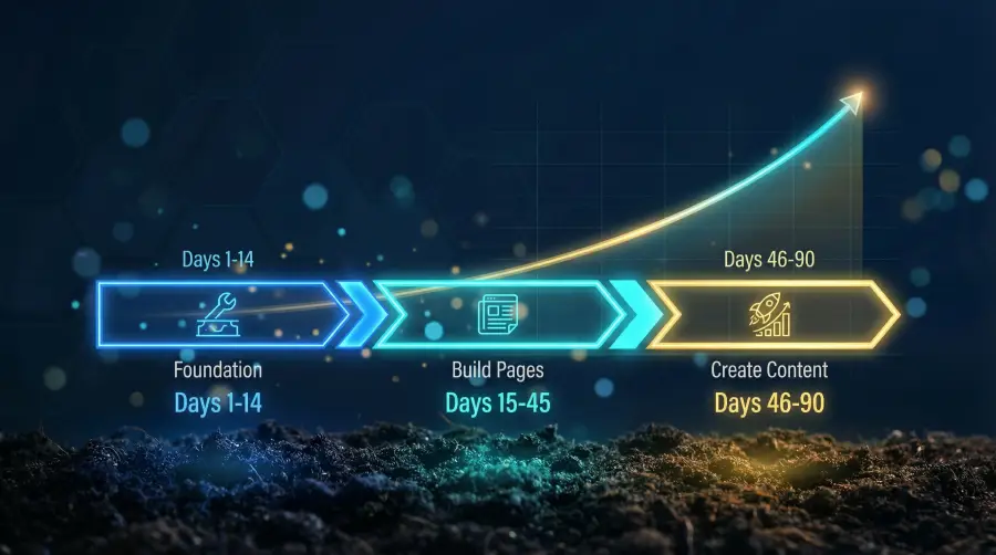 A timeline graphic with three phases: Foundation (Days 1-14), Build Pages (Days 15-45), and Create Content (Days 46-90), featuring a rising arrow to show Startup SEO growth throughout the process.